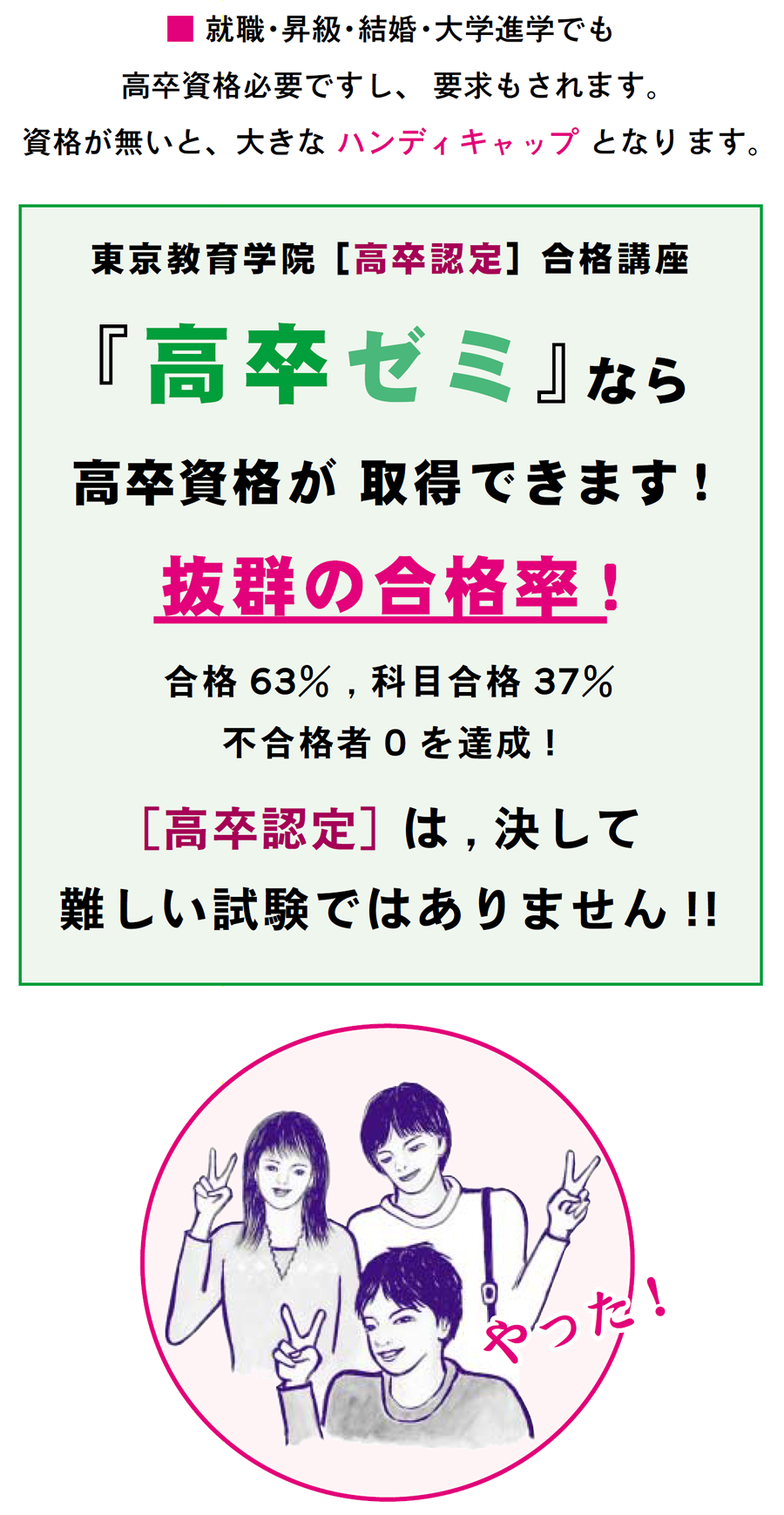 画像:通信教育高卒ゼミ 高卒ゼミなら高卒資格が取得できます。抜群ンお合格率。高卒認定は決して難しい試験ではありません。