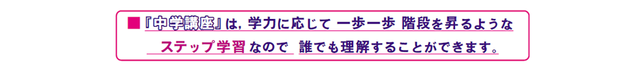 画像:『中学講座』は,学力に応じて 一歩一歩 階段を昇るような ステップ学習なので 誰でも理解することができます。