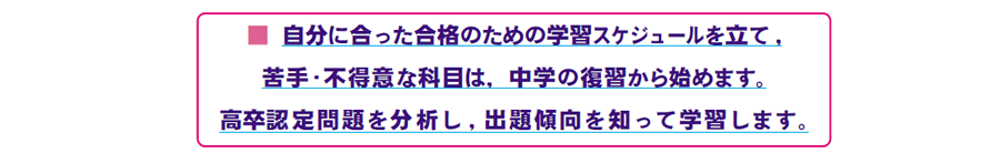 画像:■ 自分に合った合格のための学習スケジュールを立て, 苦手・不得意な科目は,中学の復習から始めます。 高卒認定問題を分析し, 出題傾向を知って学習します。